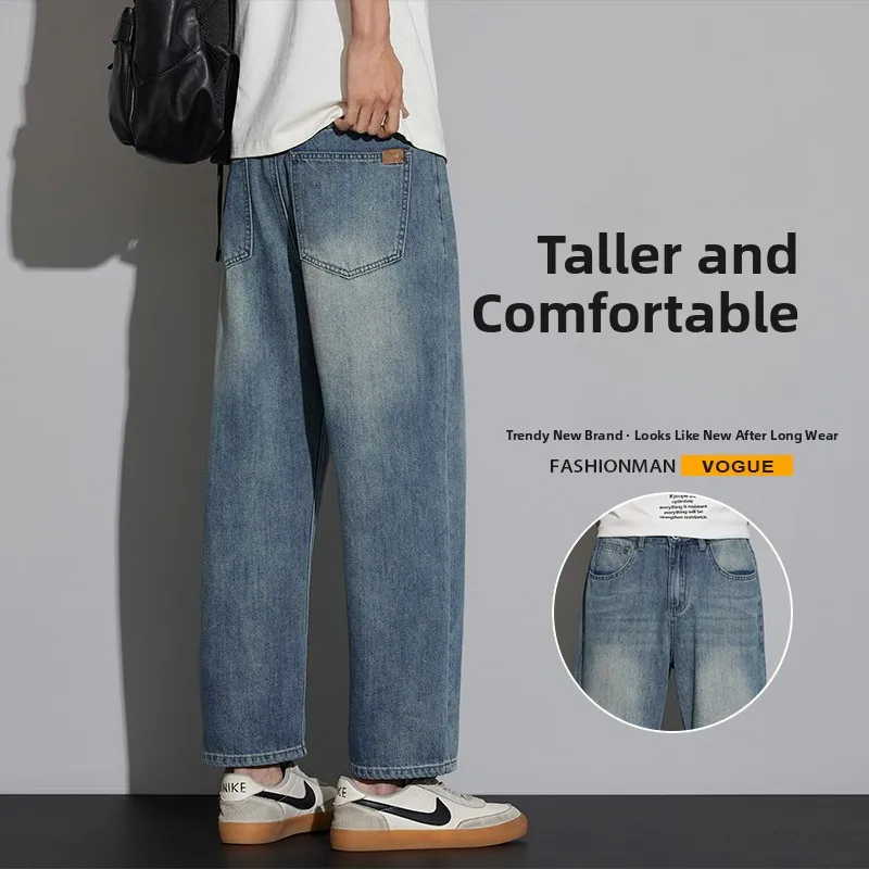 

Washed Jeans Men's Spring Versatile Loose Straight Leg Pants Trendy Brand Handsome Casual Nine Point Jeans Cotton Denim