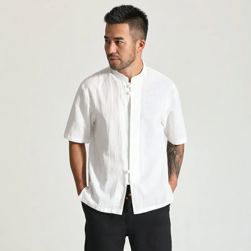 Chinese Vintage Style Men Linen Shirts White Black Blue Short Sleeve Tops Mandarin Collar Shirt Male Leisure Cosy Clothes 2024