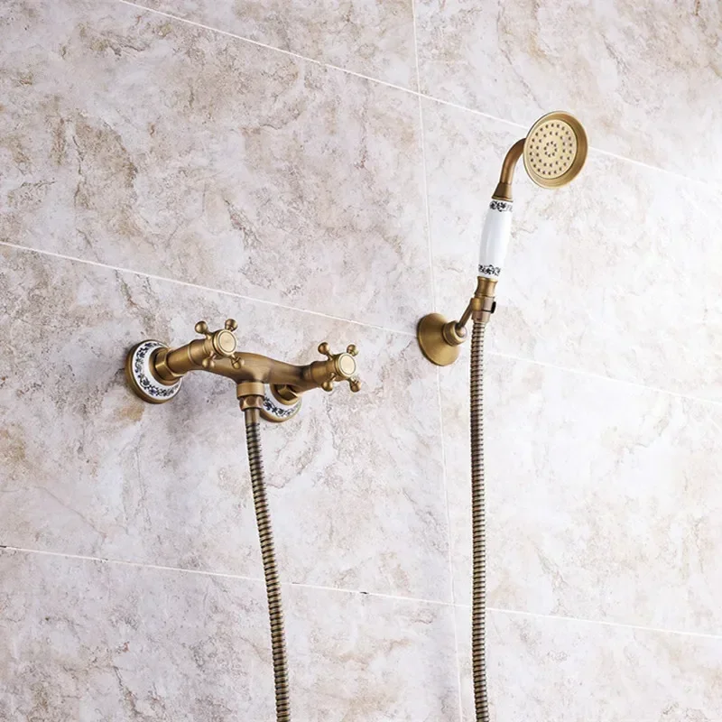 Retro Shower Faucets Antique Brass Ceramics Bathtub Faucets Rain Shower HandHeld Bathroom Sanitary Wall Mount Shower Mixer Tap