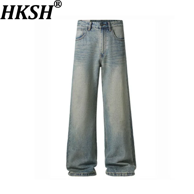 

HKSH 2025 Spring Autumn New Men Trendy Washed Jeans Chic Elegant Vintage Simple Wide-Leg Denim Pants Chic Ins Streetwear HK11442