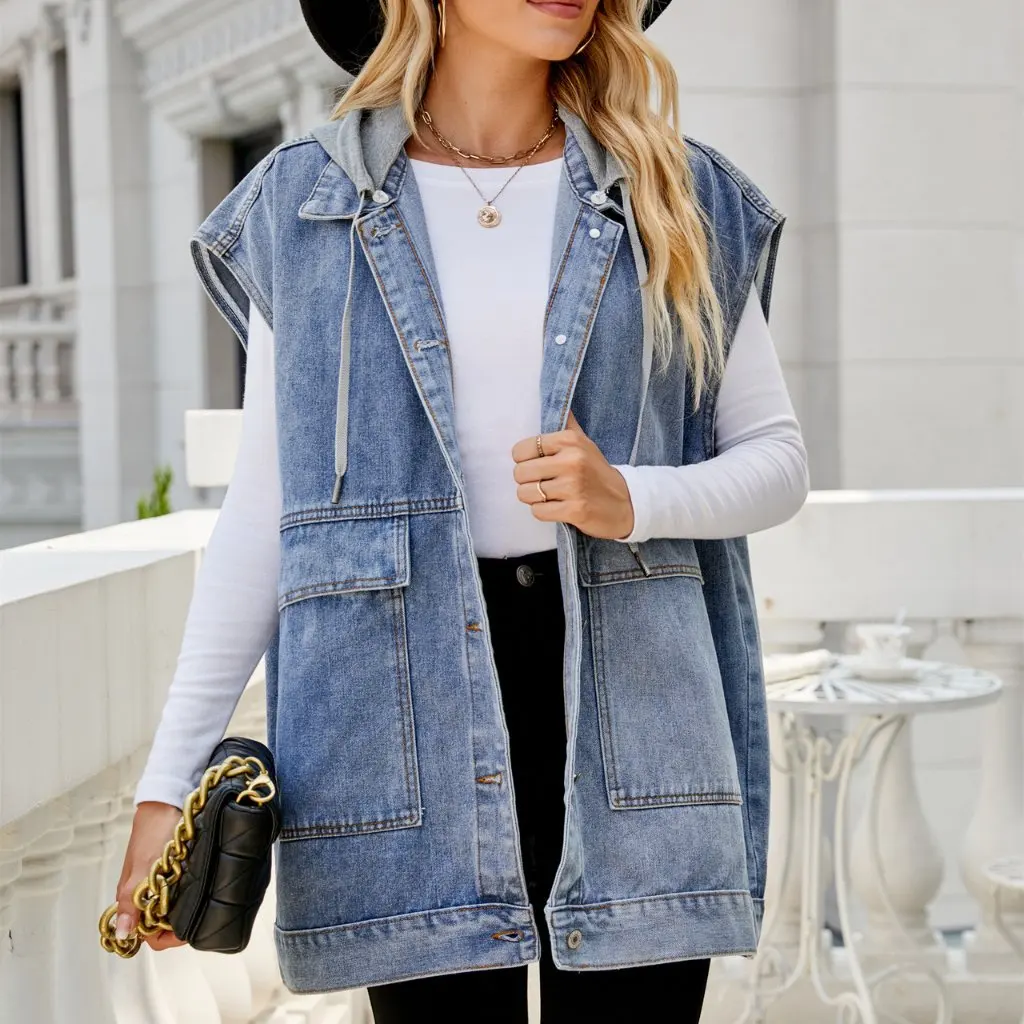 

Women's Trendy Denim Vest Waistcoat Sleeveless Hooded with Removable Waist from Fashion