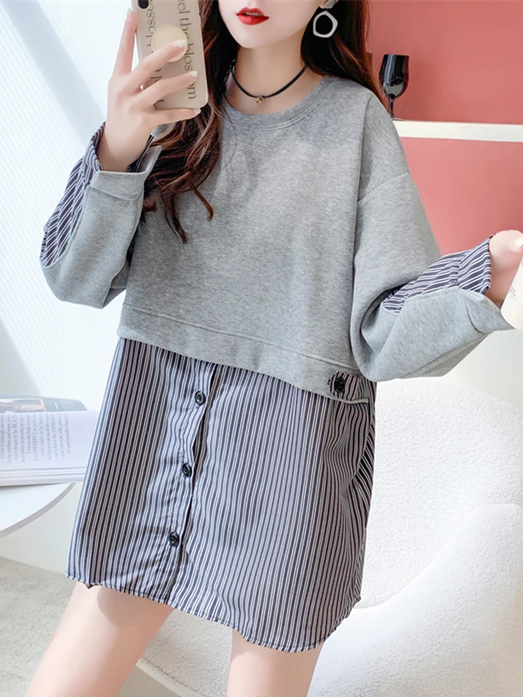 Patchwork Sweatshirts Lace-Up Grey Tops Pink Pullovers Buttons Long Sleeve Poncho Fall Winter Loose Casual Oversized Pullover