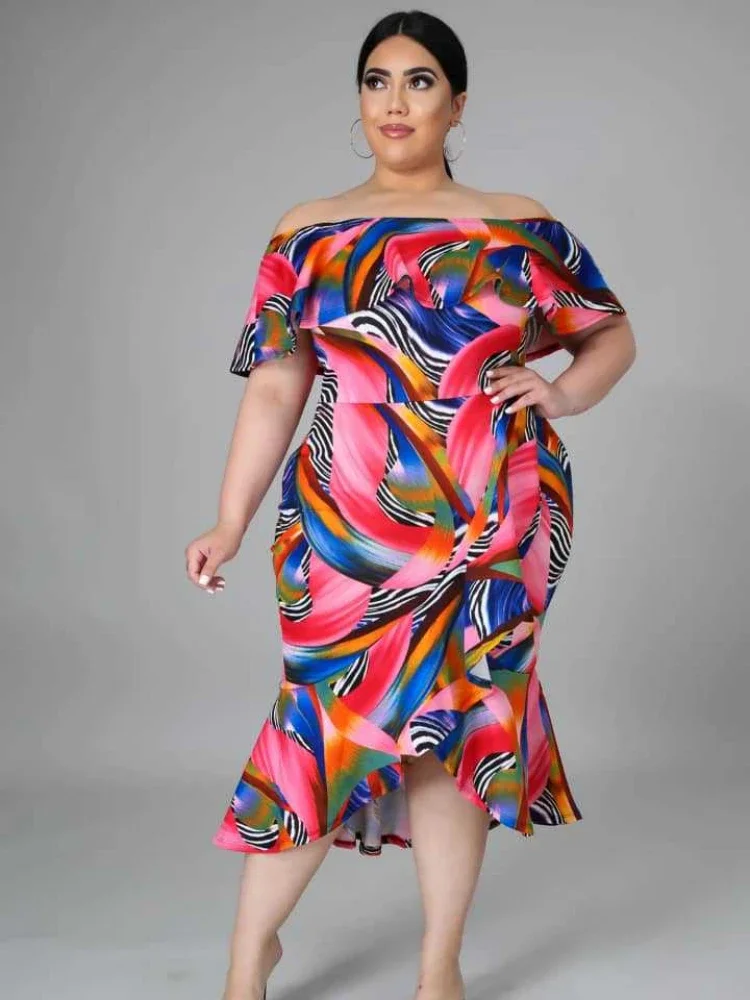 Printed Off Shoulder Dress for Women Plus Size Ruffles Trumpet Mid-calf Bodycon Summer Cocktail Clubwear Vacation Gowns 3XL 4XL