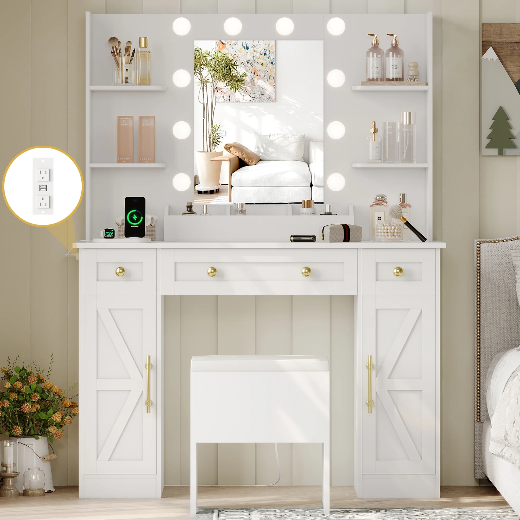 Vanity Makeup Desk with Mirror and Lights, Farmhouse Vanity Table Set with Storage Drawers for Bedroom