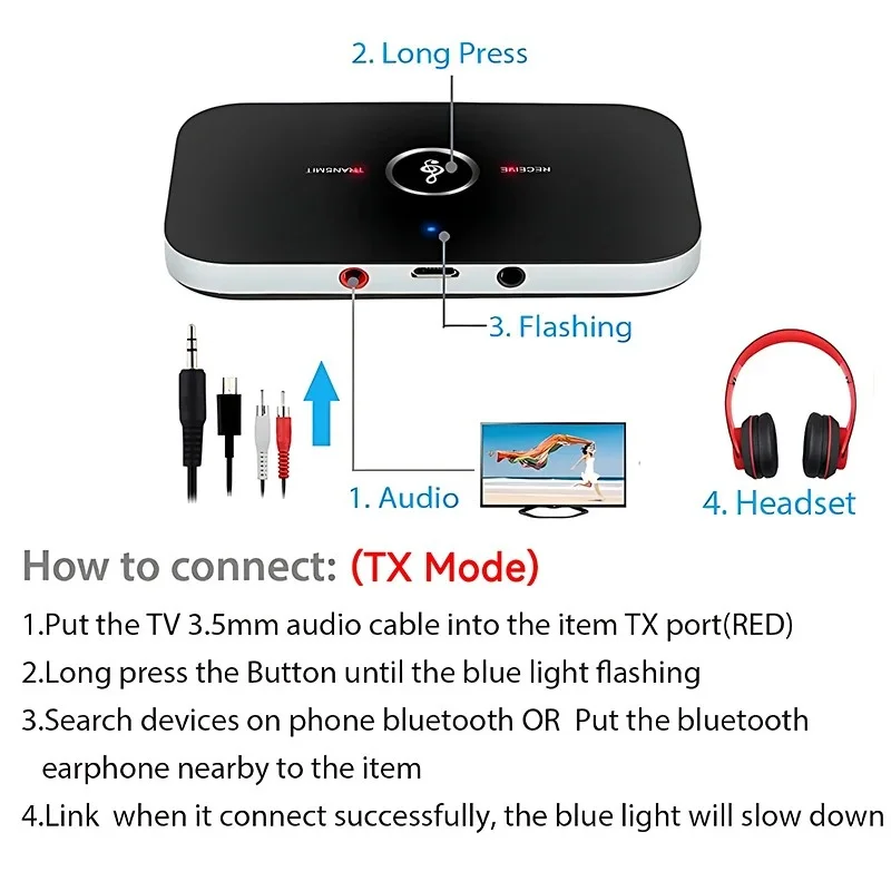 2 IN 1 블루투스 5.3 오디오 송수신기 3.5mm AUX 잭 RCA USB 동글 음악 무선 어댑터 (차량용 PC TV 헤드폰)