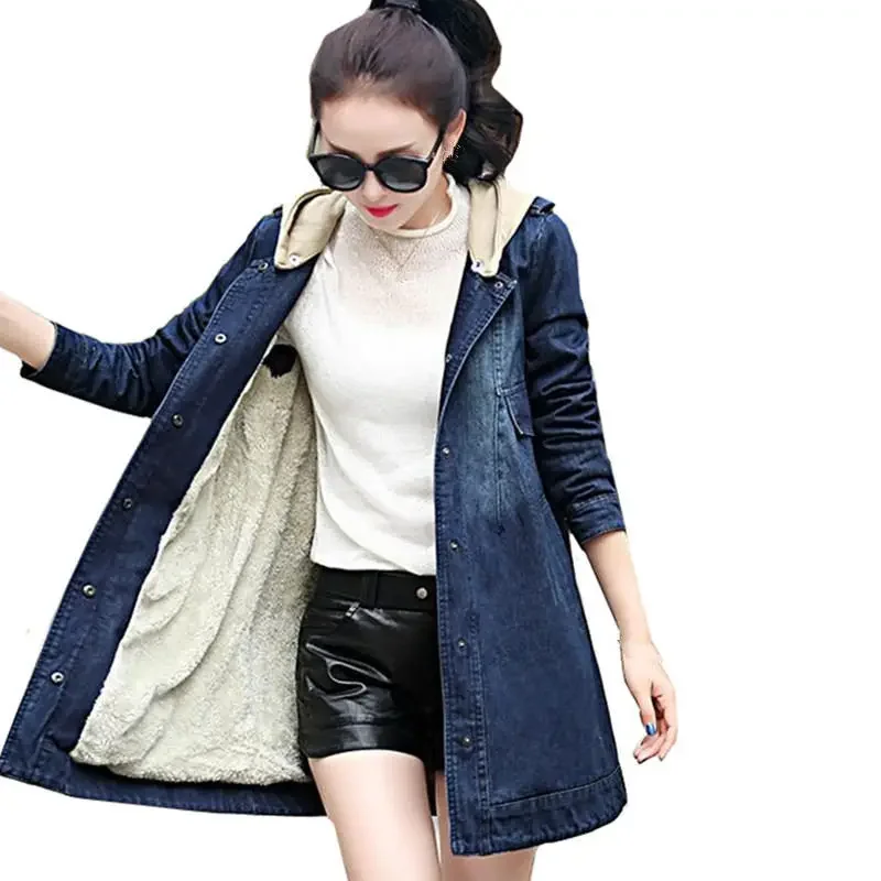 

New Large Size 5XL Denim Jacket Women Loose Vintage Hooded Jeans Jacket Female Outerwear Ladies Tops Warm Thick Denim Coat Q2874