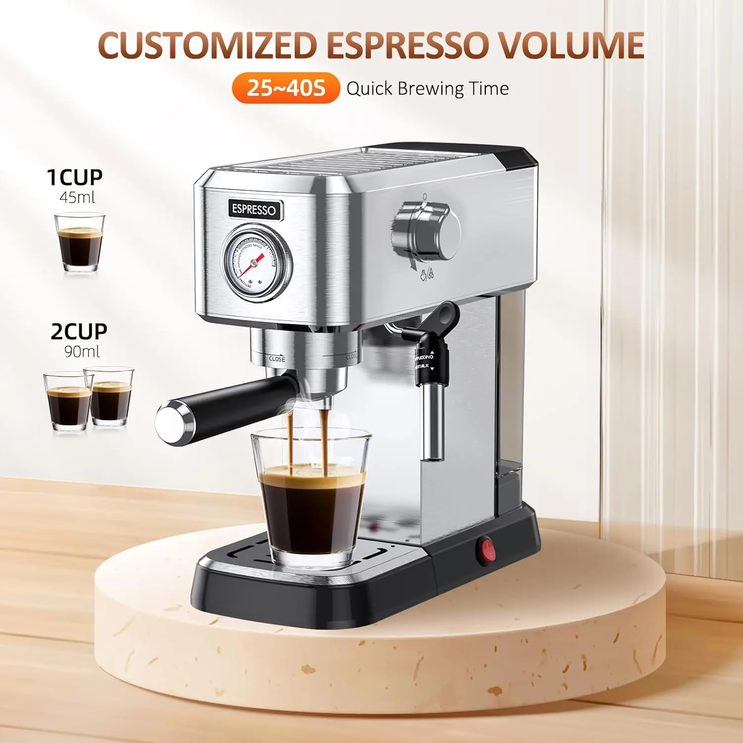 Cafetera Espresso de 20 Bar con Espumador de Leche, Varita de Vapor para Latte y Capuchino, Cafetera Espresso Compacta de Acero Inoxidable con