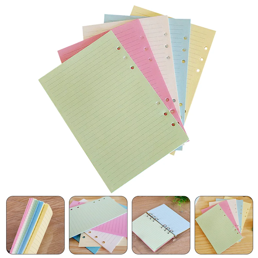 100pcs A5 Planner Inserts Lined Loose Leaf Notebook Refills Colorful 6 Ring Binder Paper Notepad Travel Study Office Use