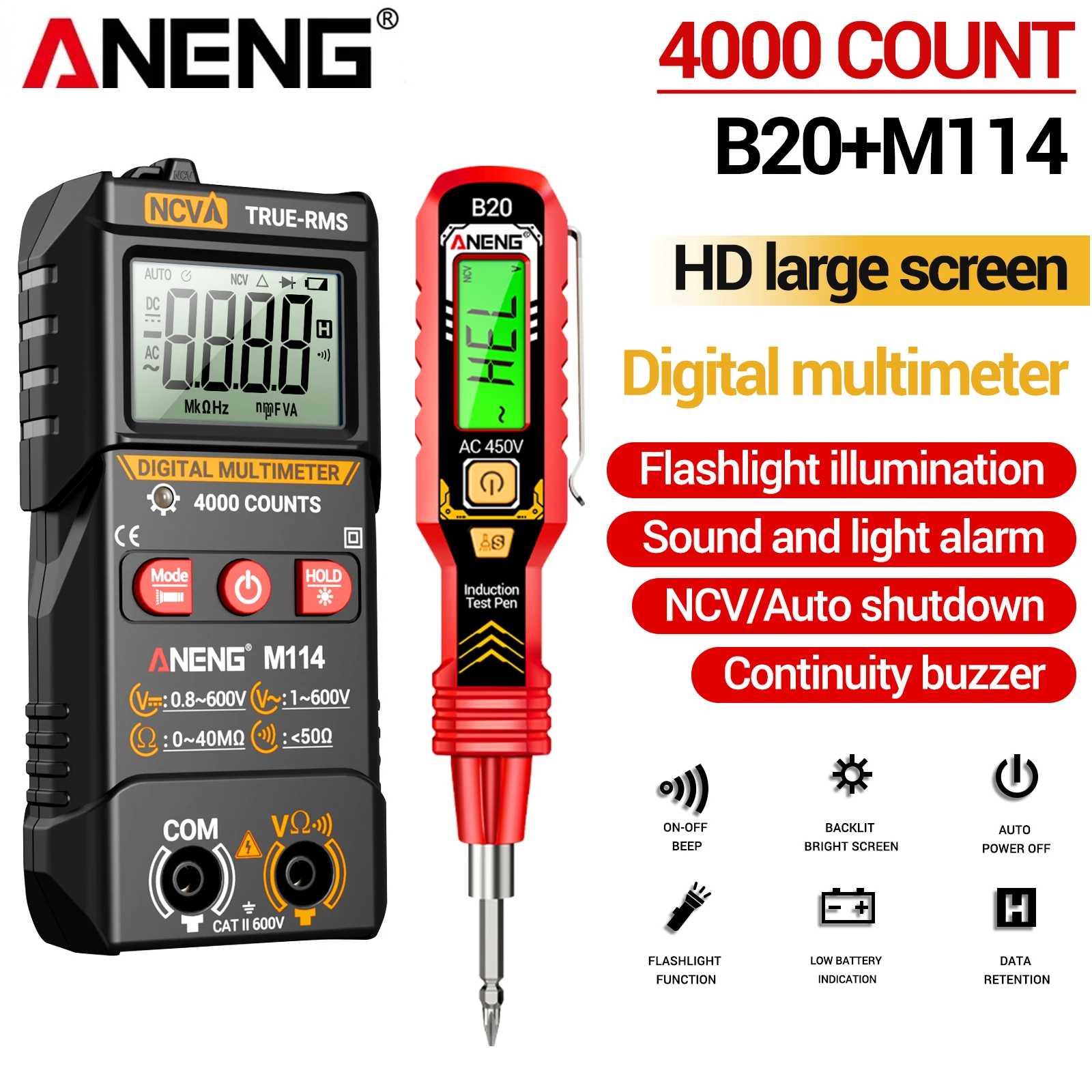 ANENG M114 True RMS Digital Multimeter 4000 Counts NCV Tester Free Gift B20 Digital Voltage Test Pen Screwdriver Electrician Too
