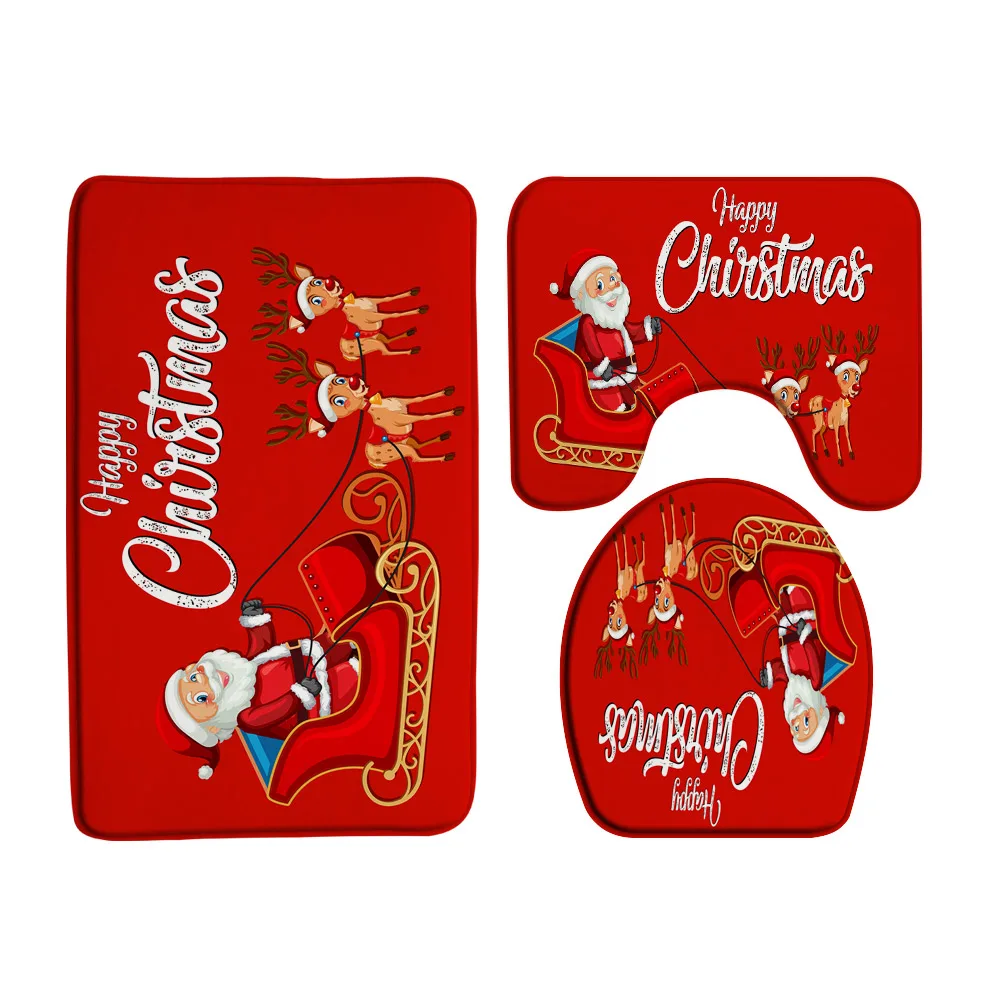 Santa Claus Reindeer Bath Mat Set Christmas Ornament Balls Winter Snowflake New Year Rug Bathroom Decor Carpet Toilet Lid Cover