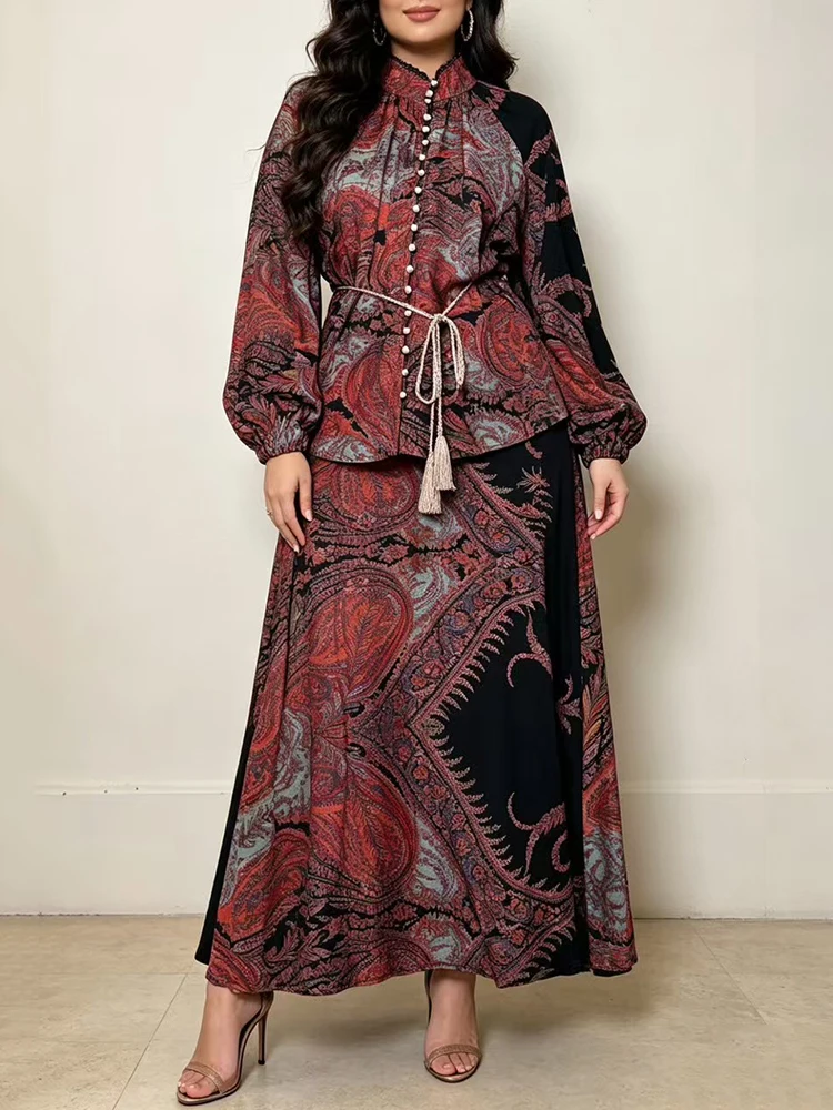 Retro geometric print stand up collar tied waist shirt two-piece set 2026 autumn women's clothing+loose half skirt fashion set