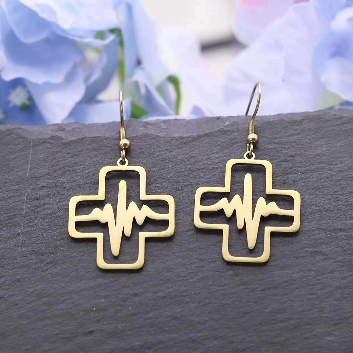 QIAMNI Stainless Steel Medical ECG Cross Dangle Earrings For Women Men Heartbeat Drop Earring Biology Jewelry Accessories Gift