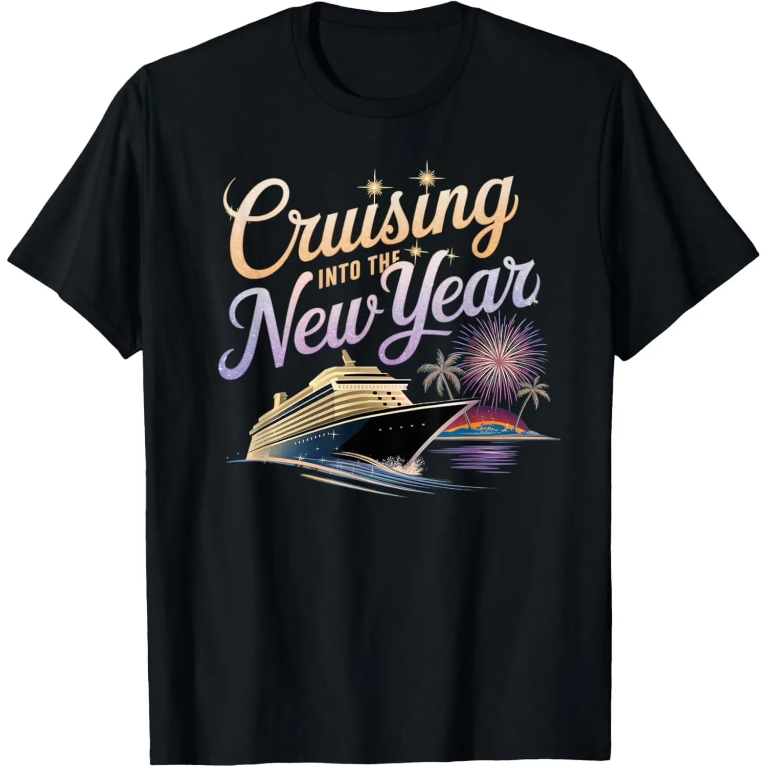 Cruising Into The New Year Party Graphic Tee Men's Casual Cotton Short Sleeve T-Shirt