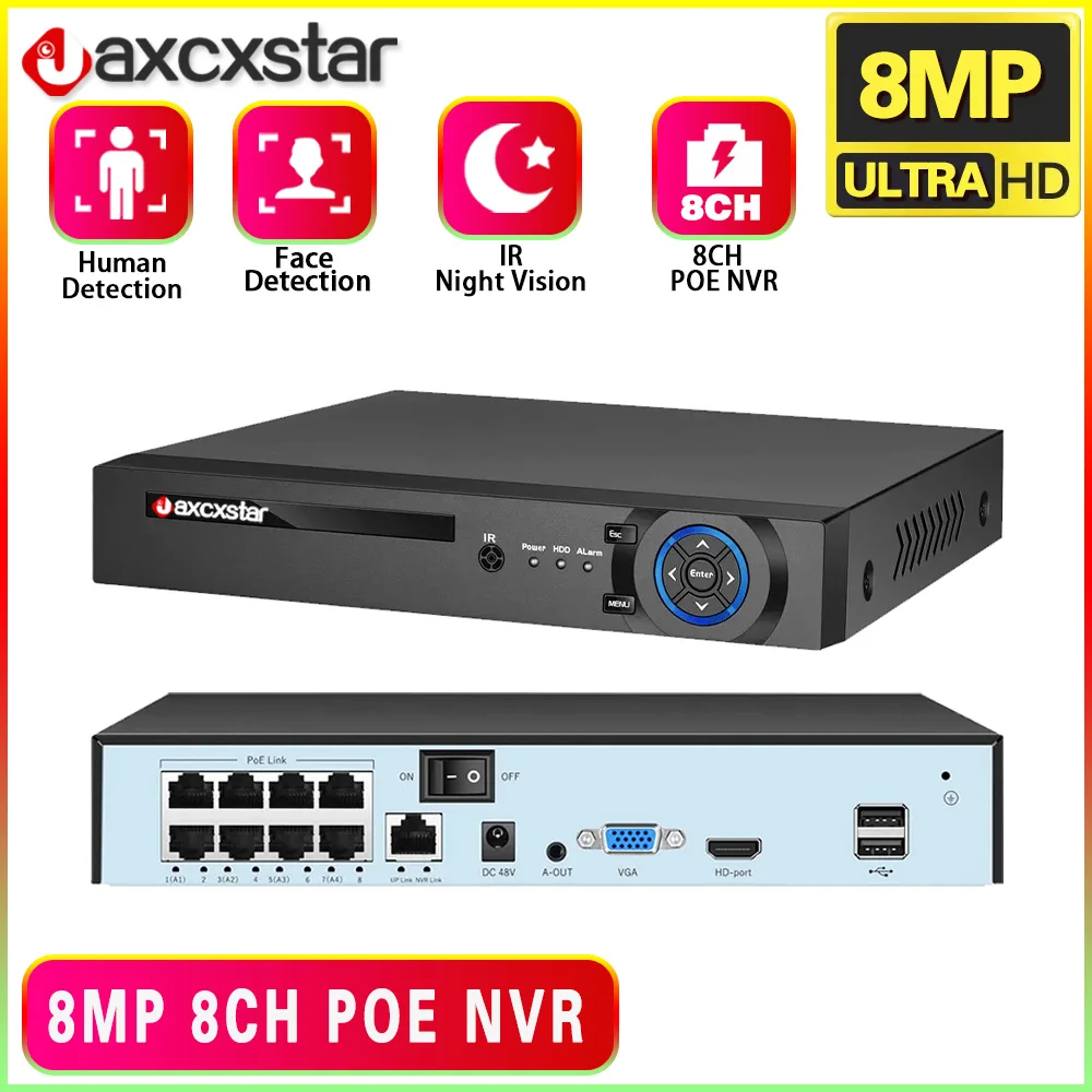 

H.265+ HEVC POE NVR 4K Output 8CH Security Video Recorder Onvif Rtsp Linux Face Detect Xmeye CCTV Security System Plug And Play