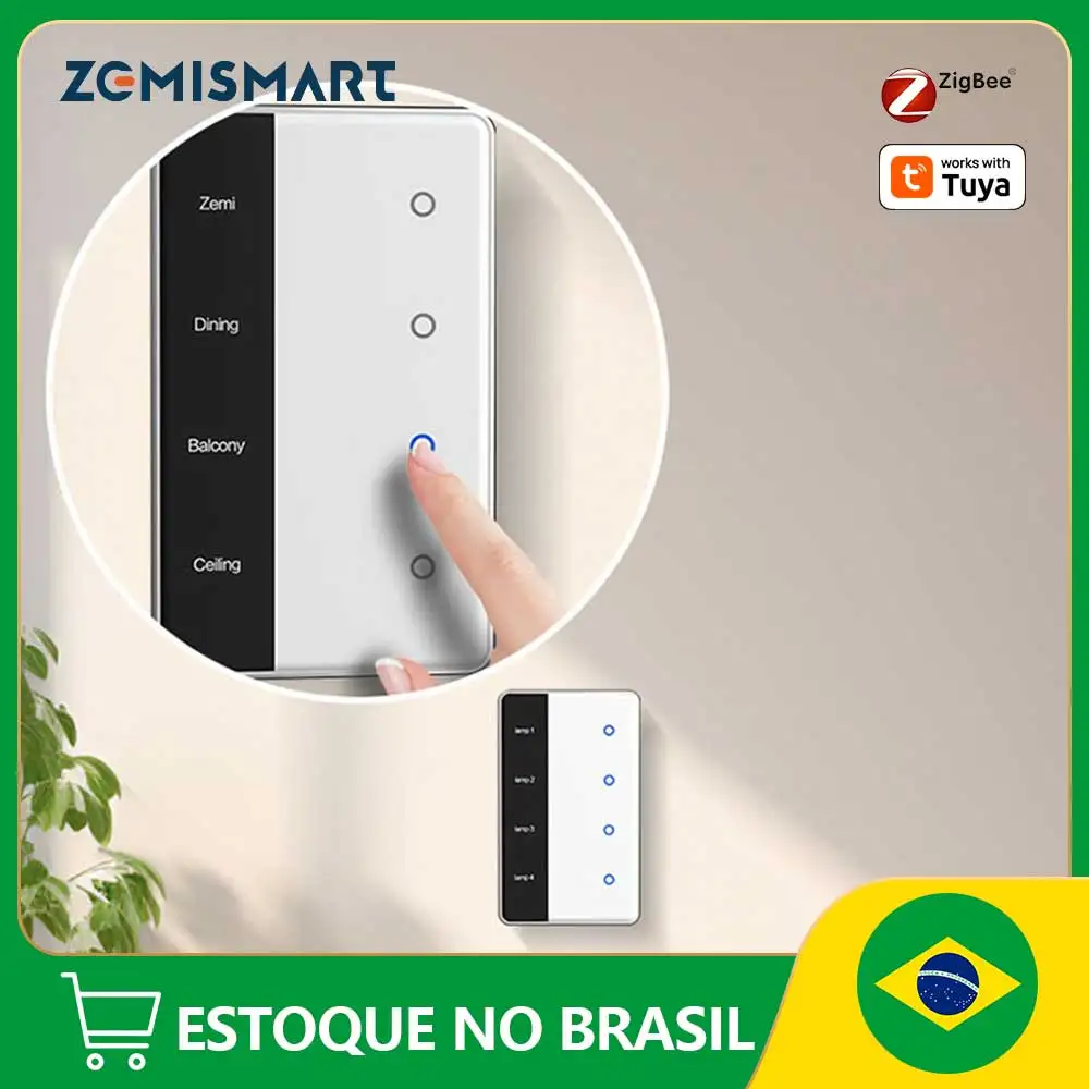 ESTOQUE NO BRASIL: Interruptor de Luz Zigbee Zemismart DIY com Tela de Exibição e Painel Touch, Funciona com o App Tuya Smart