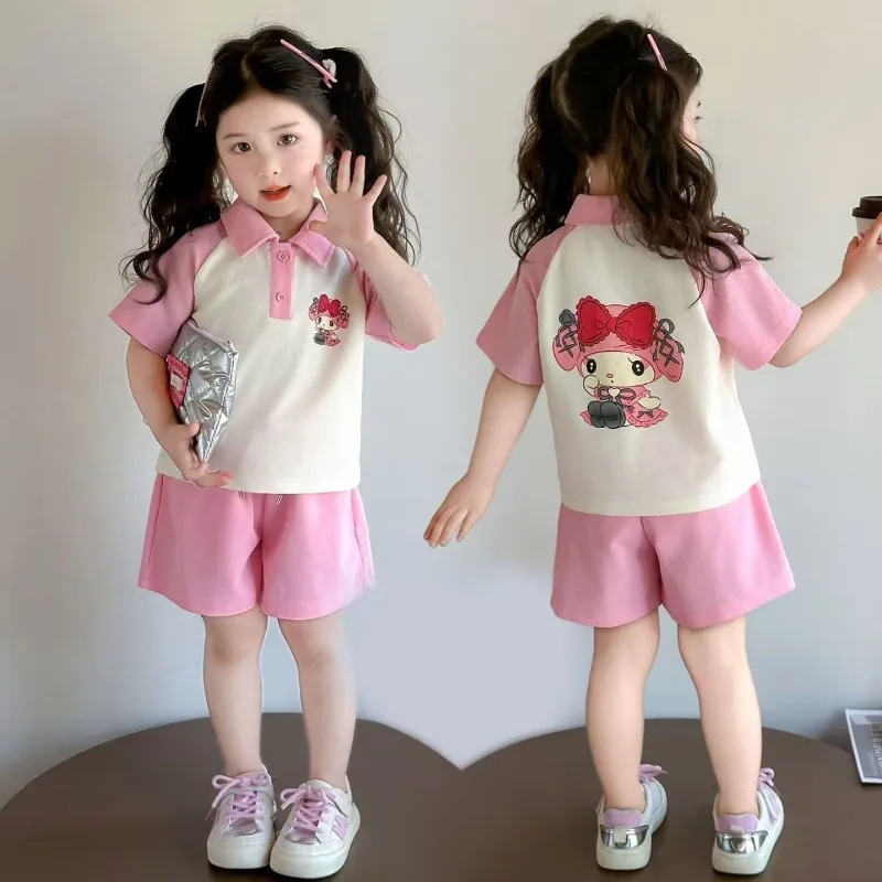 

2025 My Melody Anime Kawaii Sanrio Short Sleeve Shirt Pants Set Summer Cute Cartoon Children Two-piece Set Clothes Gifts