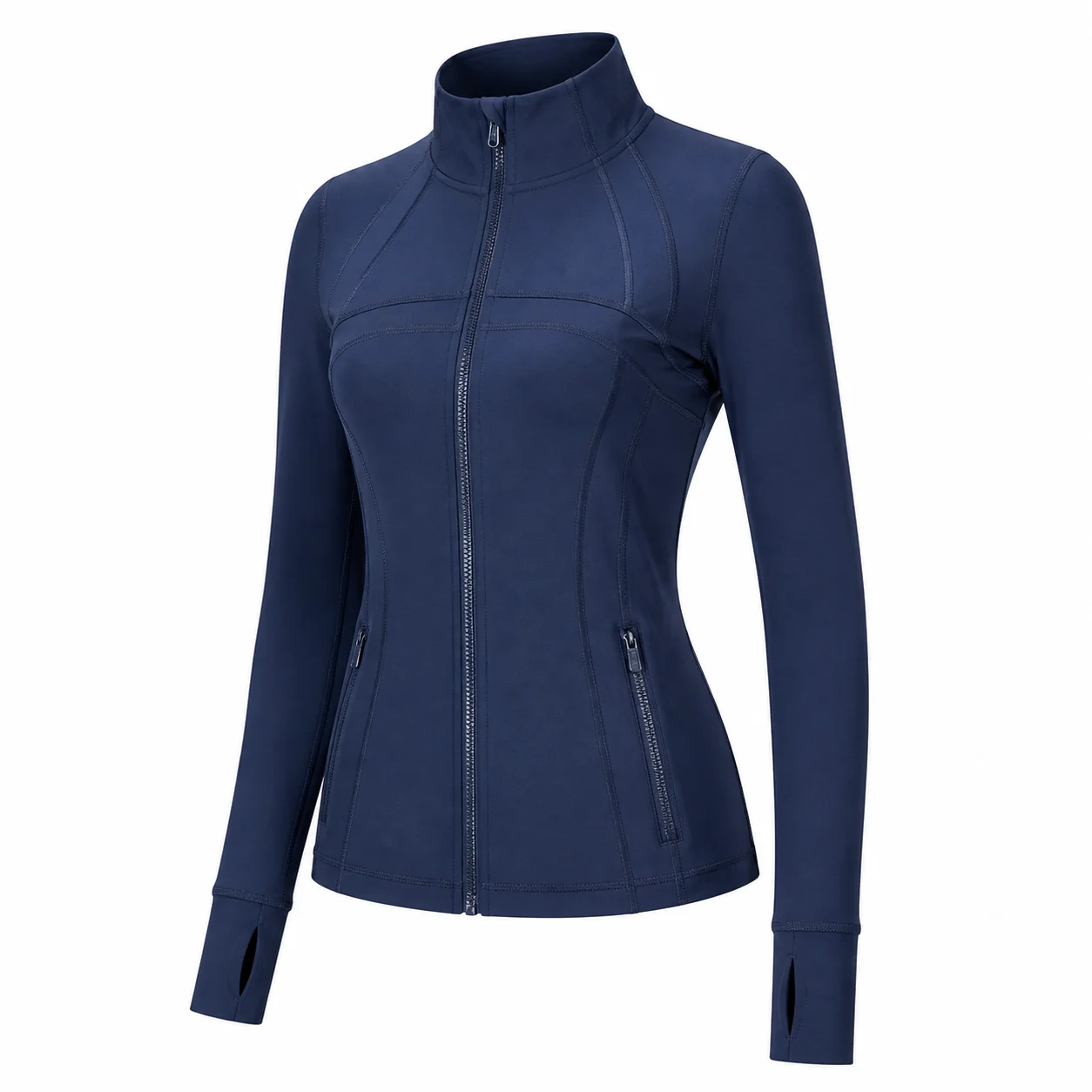 Women's Navy Blue Slim Fit Full Zip Sports Jacket Stand Collar Long Sleeve Thumbhole Workout Running Yoga Outerwear