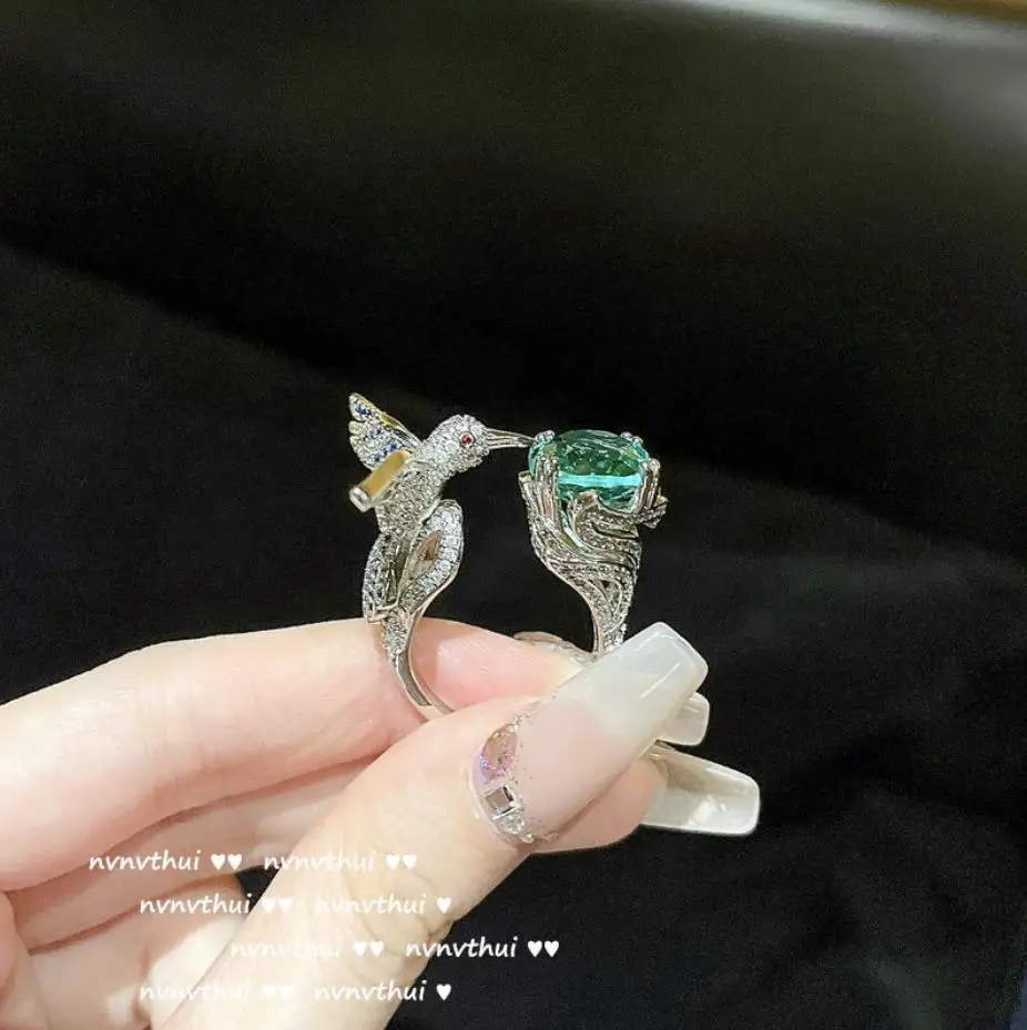 

Blue hummingbird opening ring Green oval Luxury elegant adjust index finger ring animals jewelry for women gift