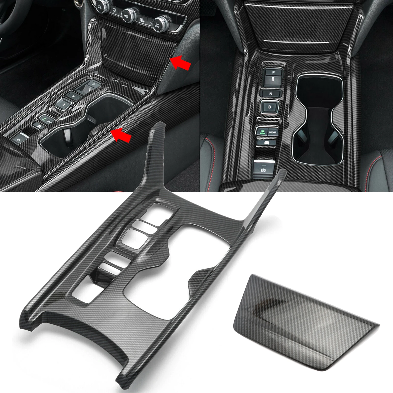 Carbon Fiber Style Interior Center Console Gear Shift Box Panel + Cigarette Lighter Panel Cover Trim For Honda Accord 2018-2022