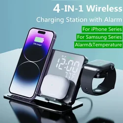 4 In 1 Wireless Charger Stand Alarm Clock Temperature Fast Charging Dock Station For iPhone 15 14 Samsung S23 S22 Galaxy Watch