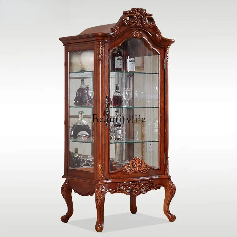 

*FG44American solid wood wine cabinet glass door retro carved living room red wine display cabinet