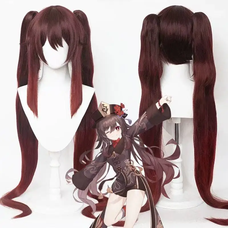 

1 piece of brownish red gradient double horse tail long straight hair role-playing Genshin Impact walnut hall style cos wig
