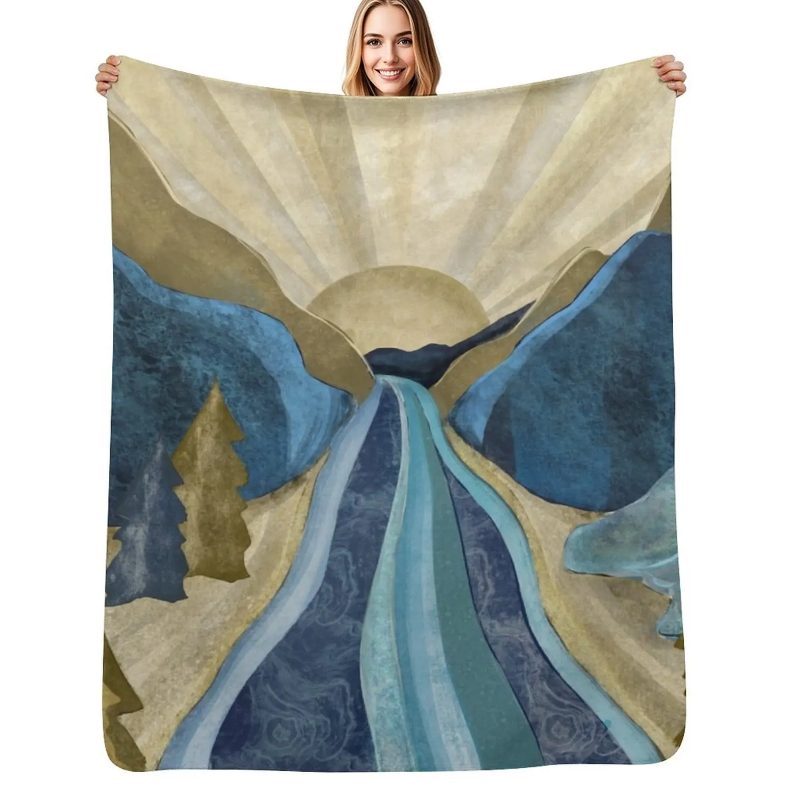 Blue gold mountain river sunrise Throw Blanket Multi Purpose Soft Warm Blanket for Home Travel