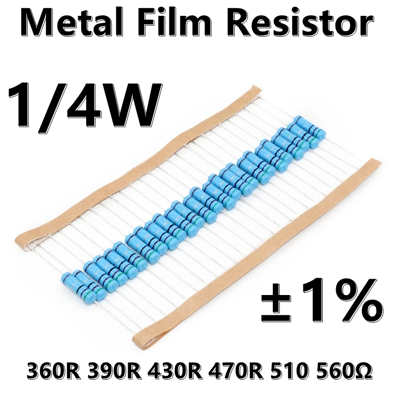 Resistencia de película metálica 100, anillo de cinco colores, precisión 360R, 390R, 430R, 470R, 1%, 560Ω, 1/4W, 510 piezas