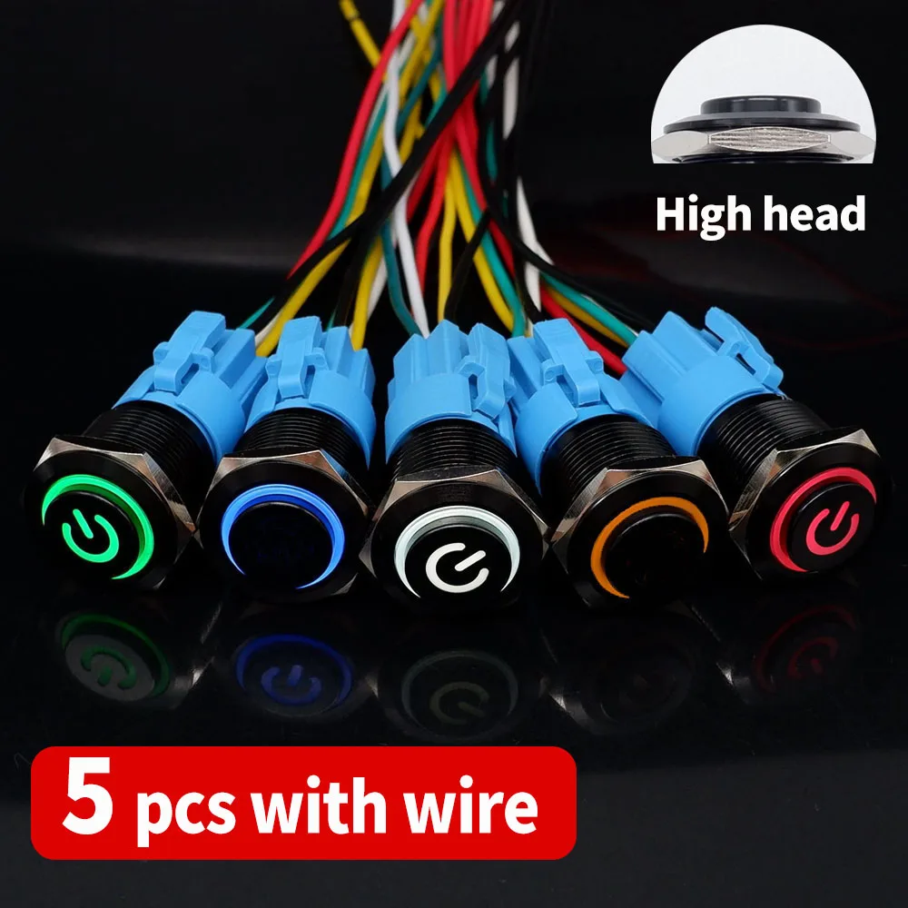 5pcs Black Push Button Switch 16/19/22mm illuminated Led Light Metal Flat Momentary Switches with power mark 5V 12V 24V Red Blue