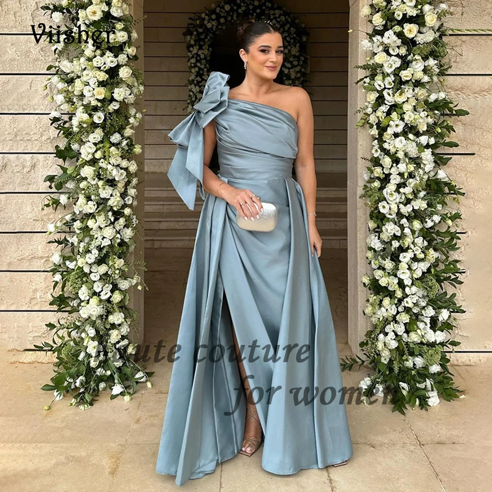 

Dusty Blue Satin One Shoulder Evening Dresses with Slit Floor Length Arabian Dubai Formal Prom Dress Womens Wedding Guest Gowns