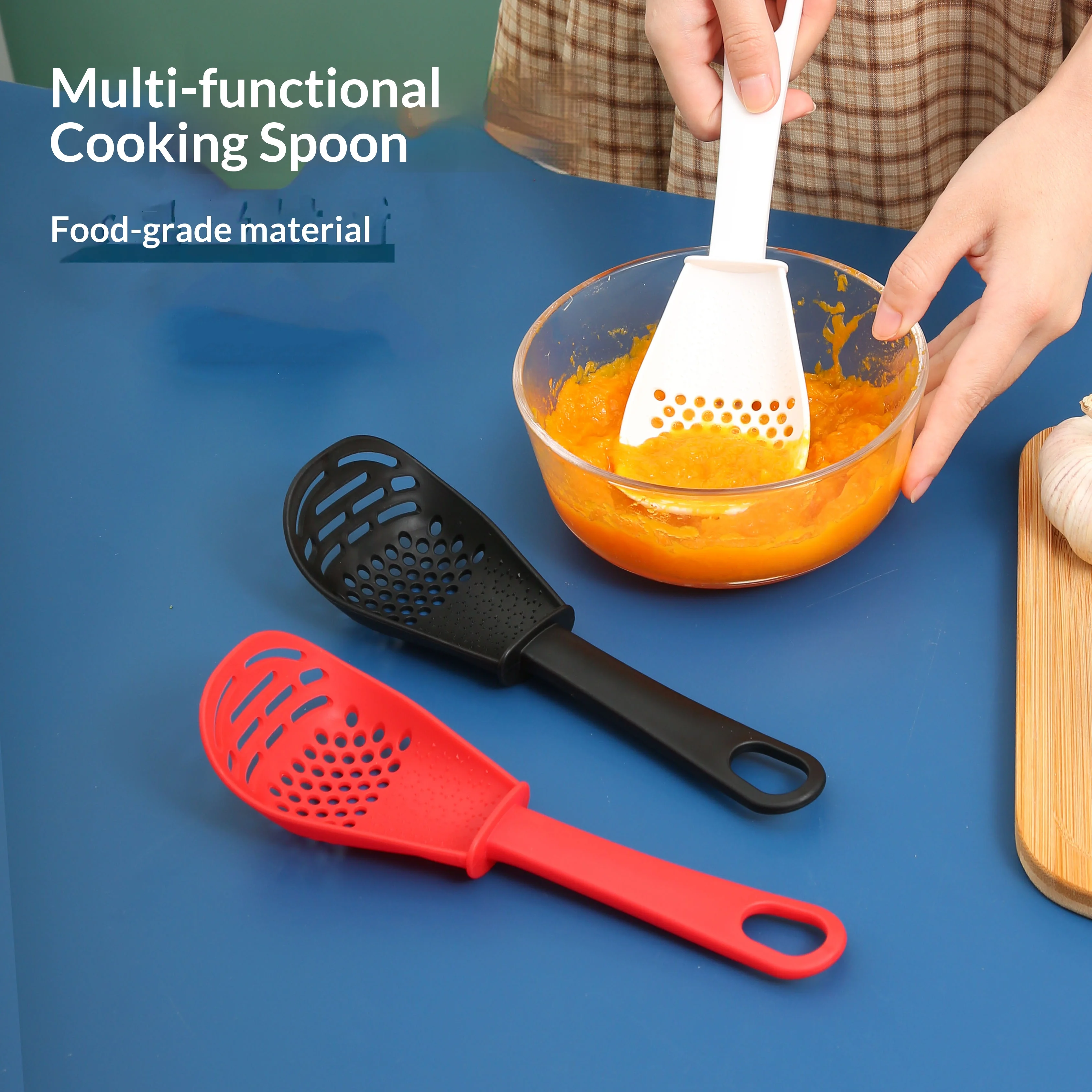 2PCS Multifunctional Slotted Skimmer Spoon Colander Strainer For Draining Mashing Potato Garlic Press Kitchen Cooking Utensil