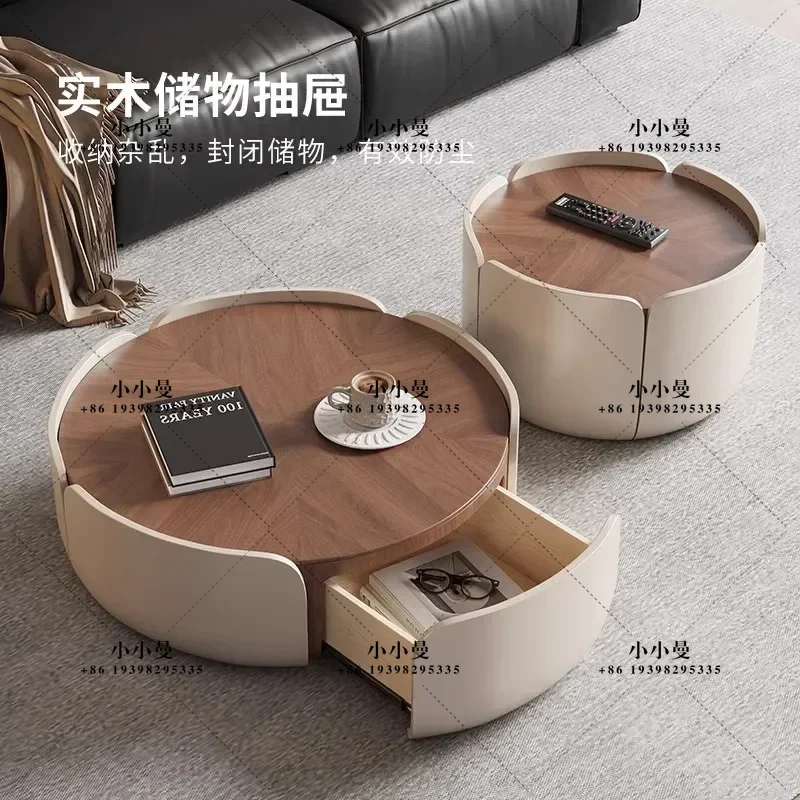 Italian Simple Walnut Round Coffee Table Living Room Modern Solid Wood Side Table Combination Light Luxury Home Furniture