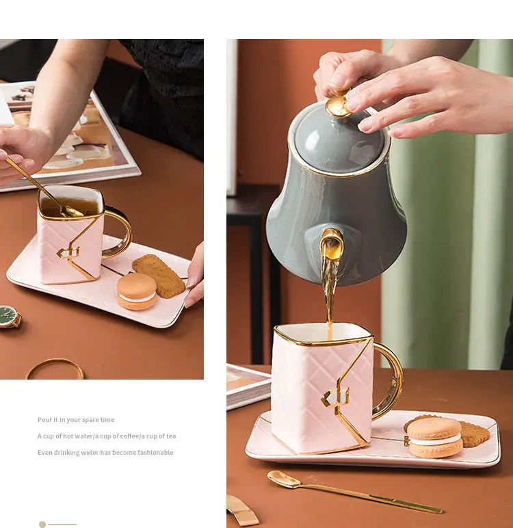 Tazza A Forma Di Borsa In Ceramica Con Cucchiaino - Set Regalo Design Borsetta Oro, Idea Regalo Aziendale O Festa Della Mamma - 5