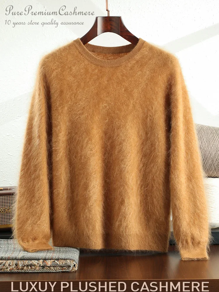 Men's 100% Plush Cashmere Sweaters O-neck Basic Pullovers Long Fluff Pure Brushing Cashmere Jumpers 2024 New Autumn Winter