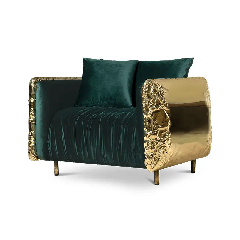 &Italian Light Luxury Single Sofa Movable Genuine Leather Stainless Steel Hammer Pattern High-end Brass Color Villa Living Room