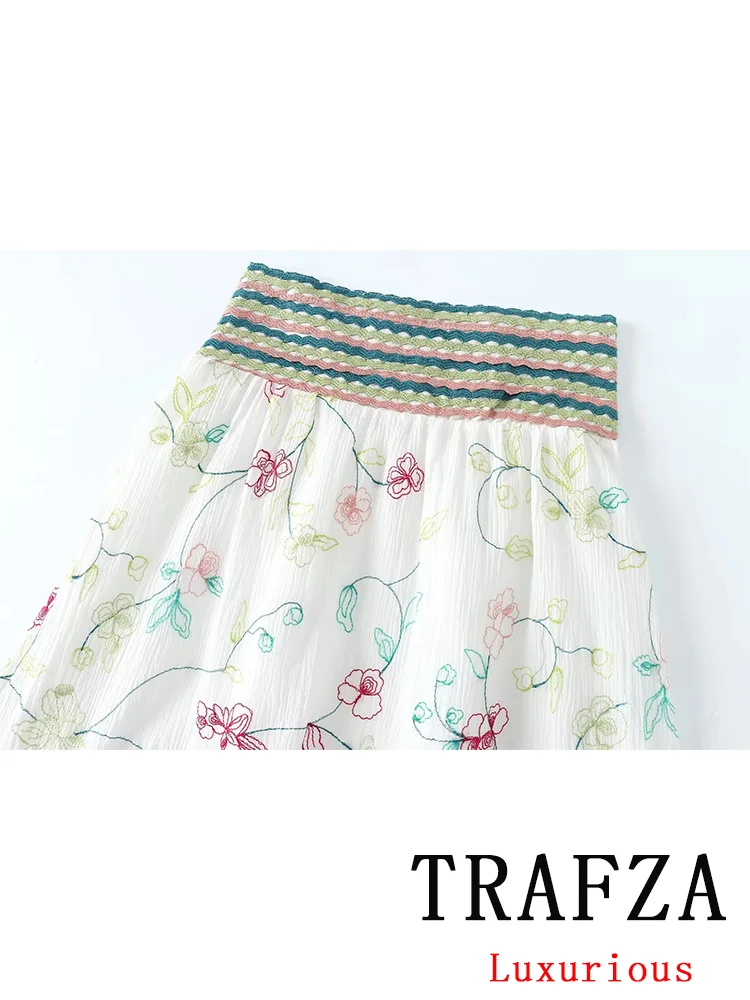 TRAFZA-Conjunto de Blusa de manga larga para mujer, traje con bordado de cuello redondo y una hilera de botones, falda larga, moda de verano, 2024