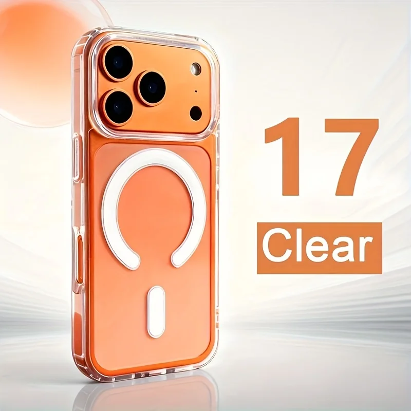 Para iPhone 17 Series Funda transparente naranja con decoración circular blanca y marco de lente transparente Cubierta protectora de cámara 17 Pro Max 17 Plus