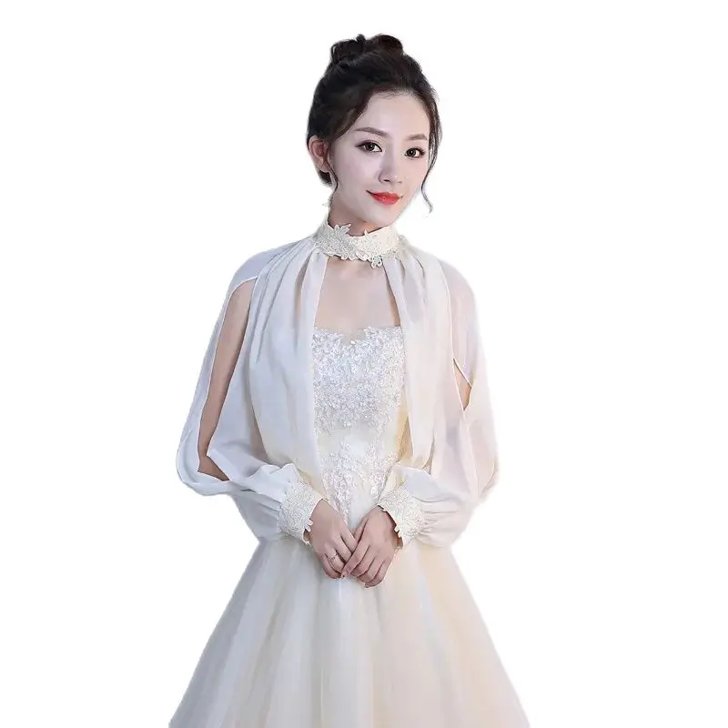 Elegante donna Bolero Wedding Cardigan Lantern Sleeve Hollow Lace Chiffon Stand Collar Button shtappeti scialli per accessorio vestito