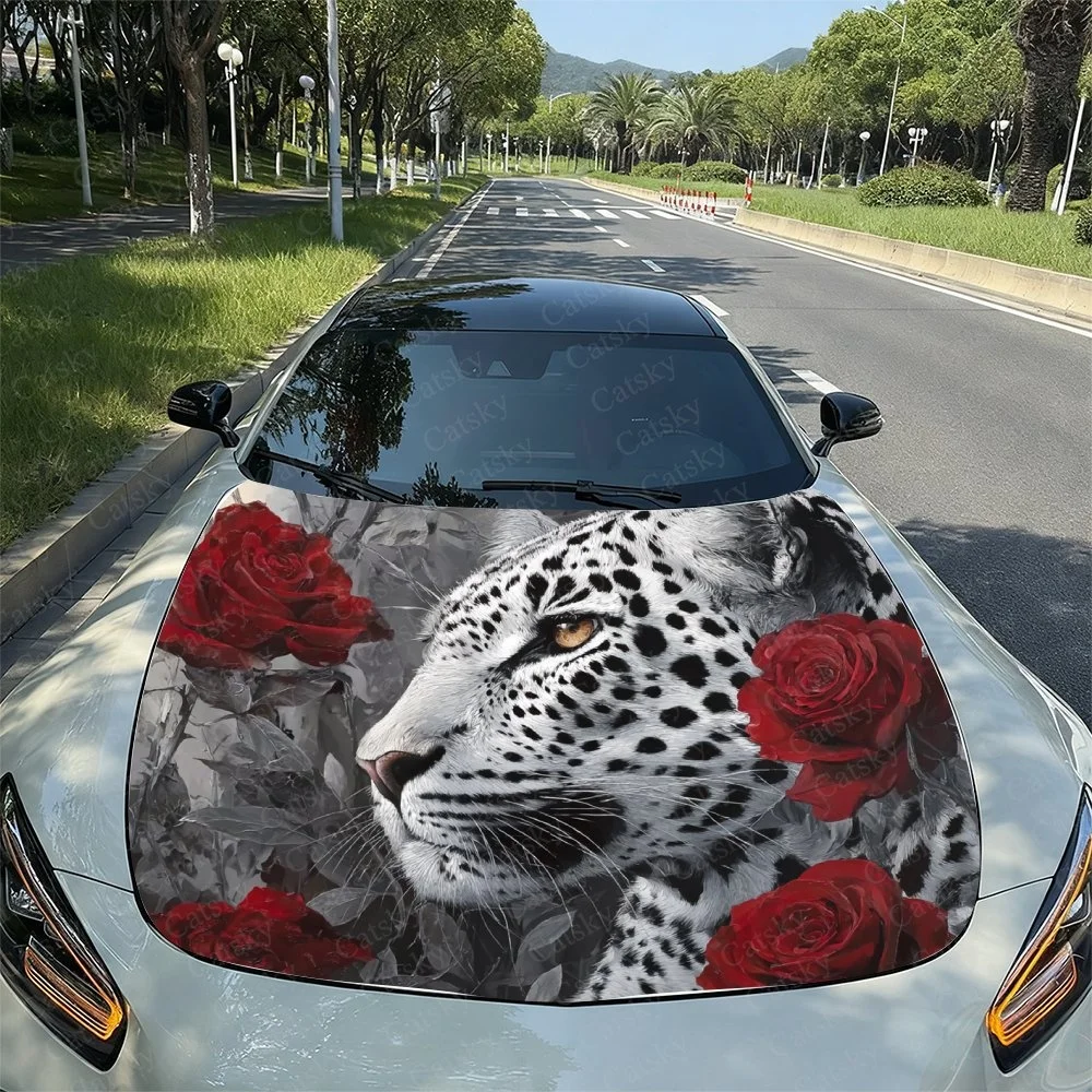 

Leopard Red Rose Car Hood Sticker PVC Self Waterproof Stick, Striking Auto Exterior Accessories Decor Protect Gift for Car Lover