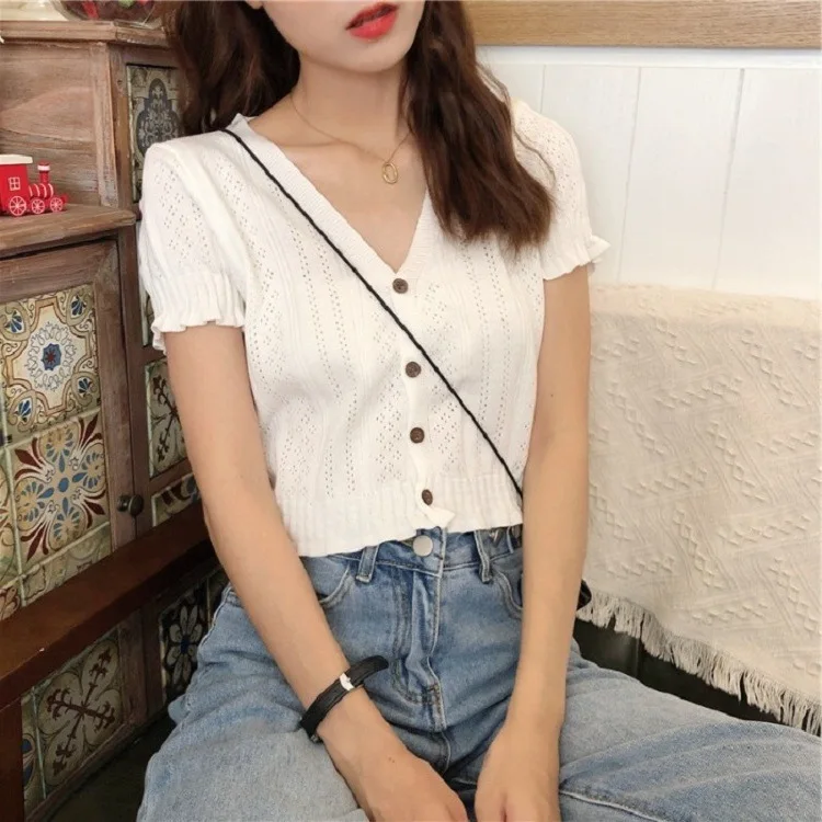 Woman's Tshirts spring/summer knit short sleeve v-neck buttons solid color cheap sale Ladies Tops t-shirt dropshipping LYY826