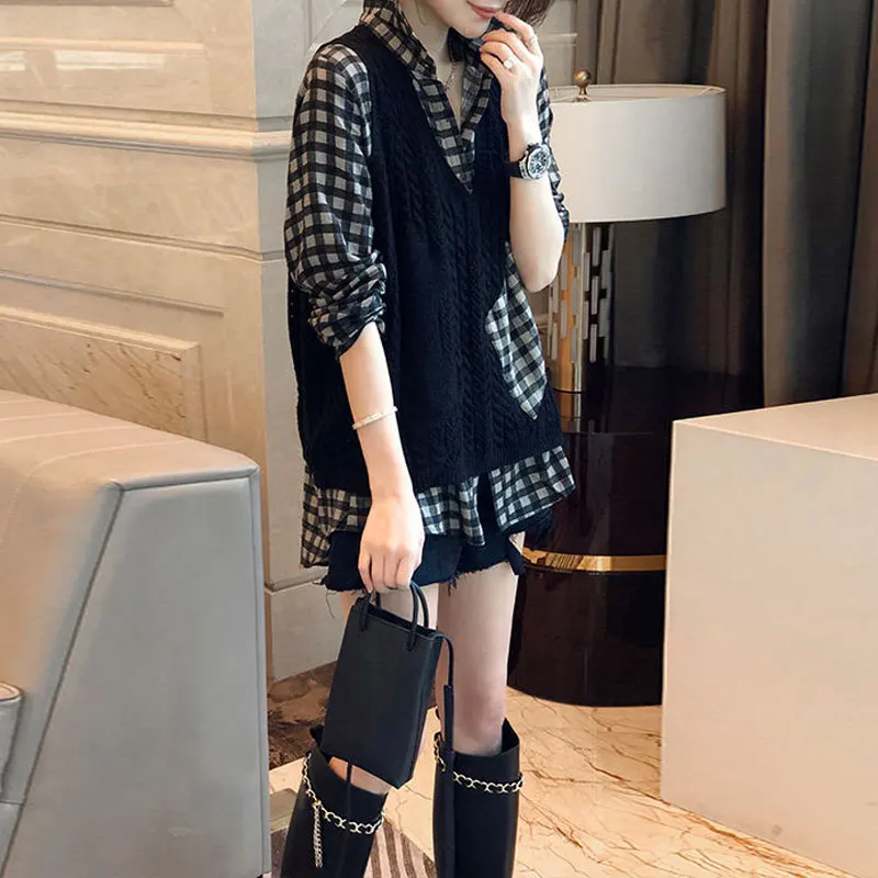 Female Clothing Plaid Polo-Neck Blouse Casual Spliced Knitted Sweater Vest Fashion Fake Two Pieces All-match Long Sleeve Shirt