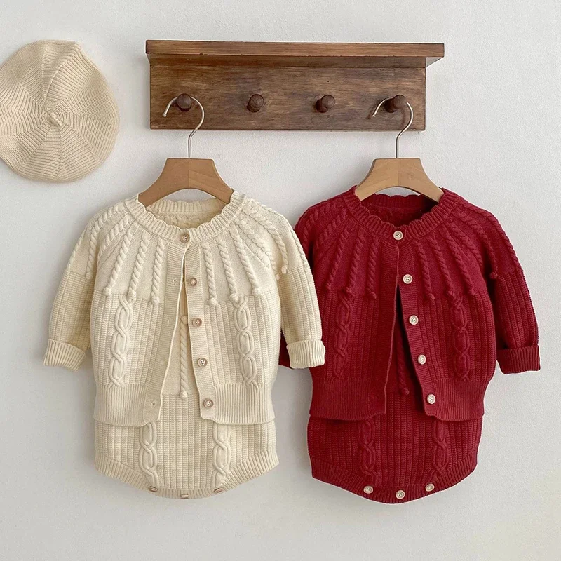 

2025 New Autumn 0-3Yrs Kids Clothes Suit Toddler Baby Girl Clothes Set Long Sleeved Knitted Cardigan+Jumpsuit