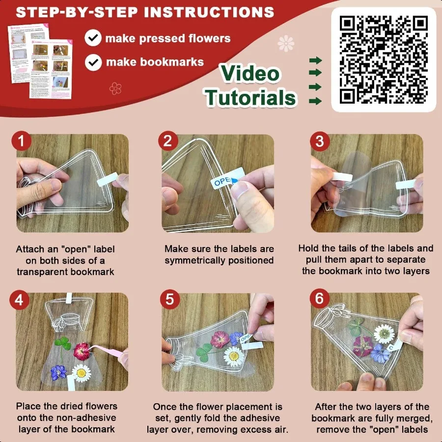 Dried Flower Bookmark Making Kit 20pcs Easy DIY Transparent Bookmarks Clear Jars Stickers Set with Instructions Large Size Pres
