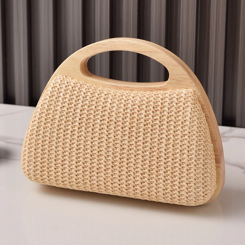 Women's Summer Handbag Half-moon Woven Straw High-quality Crossbody Bag Luxury Brand Beige Purse Bag with Wooden Top Handle