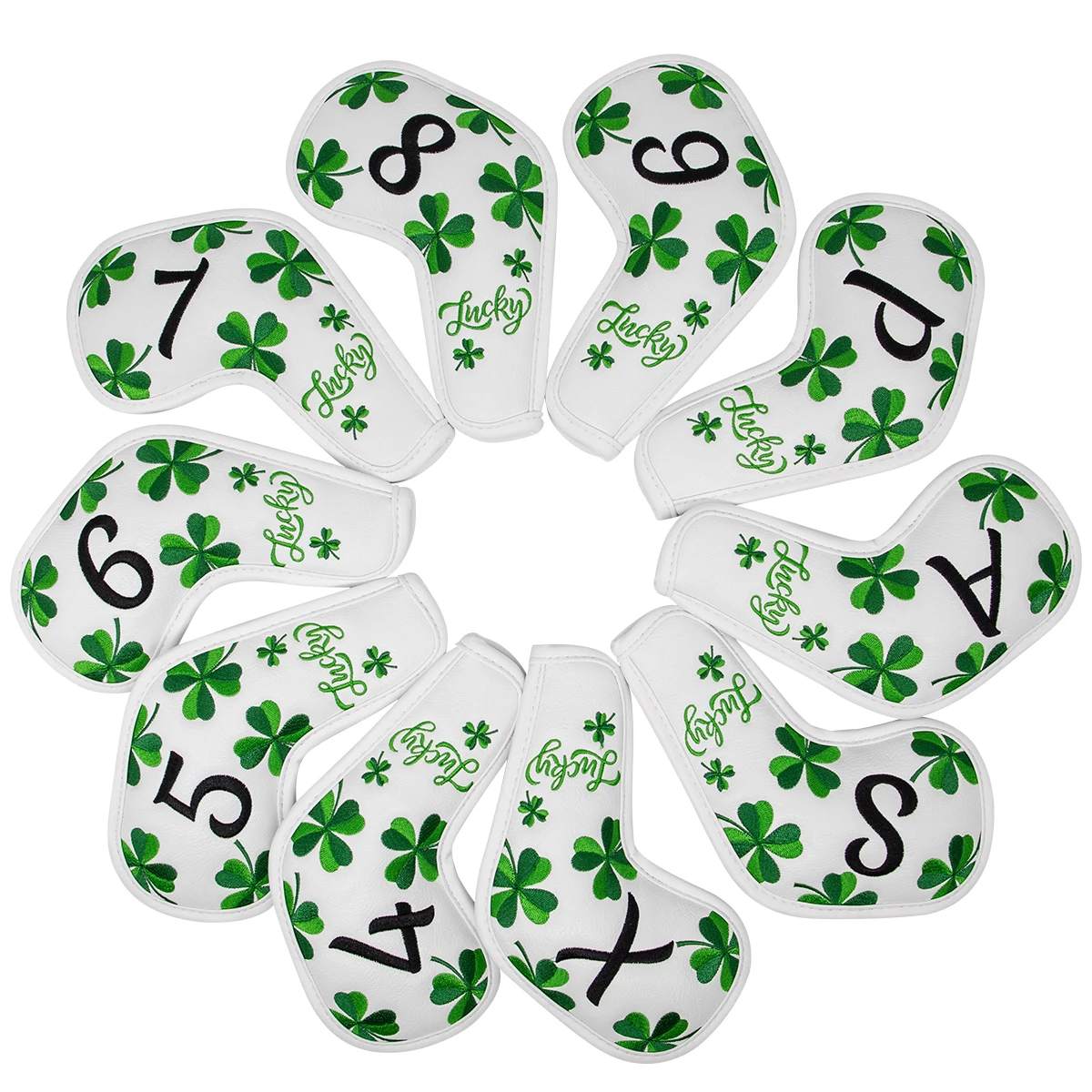 Elegant Embroidery Premium Leather Golf Headcovers, Lucky Clover Iron Cover, 10Pcs Set