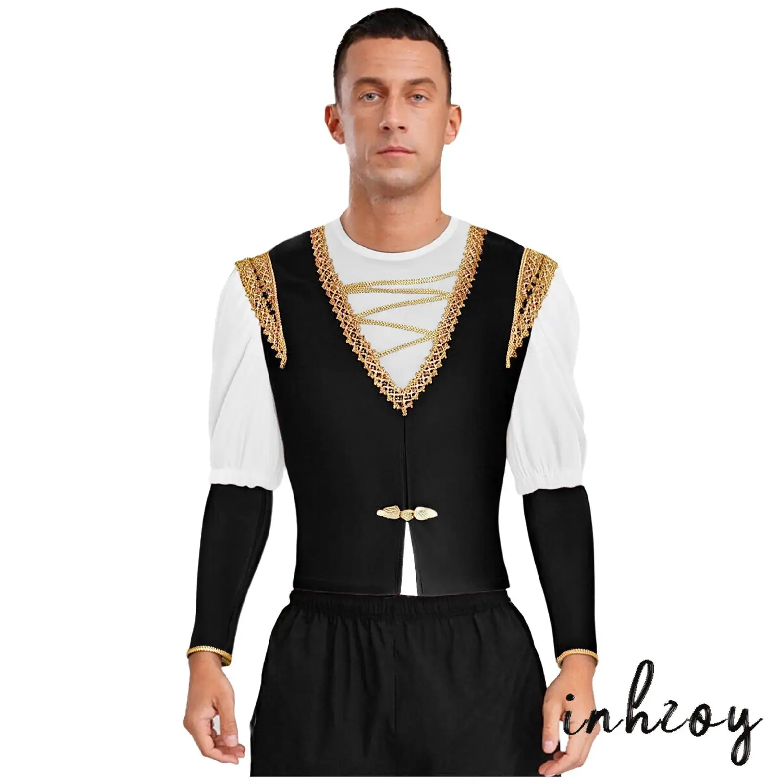 

Мужской ролевой костюм Королевского принца — бархатная рубашка с v-образным вырезом + жилет с золотой отделкой и съемными рукавами для стимпанка и выступлений на сцене