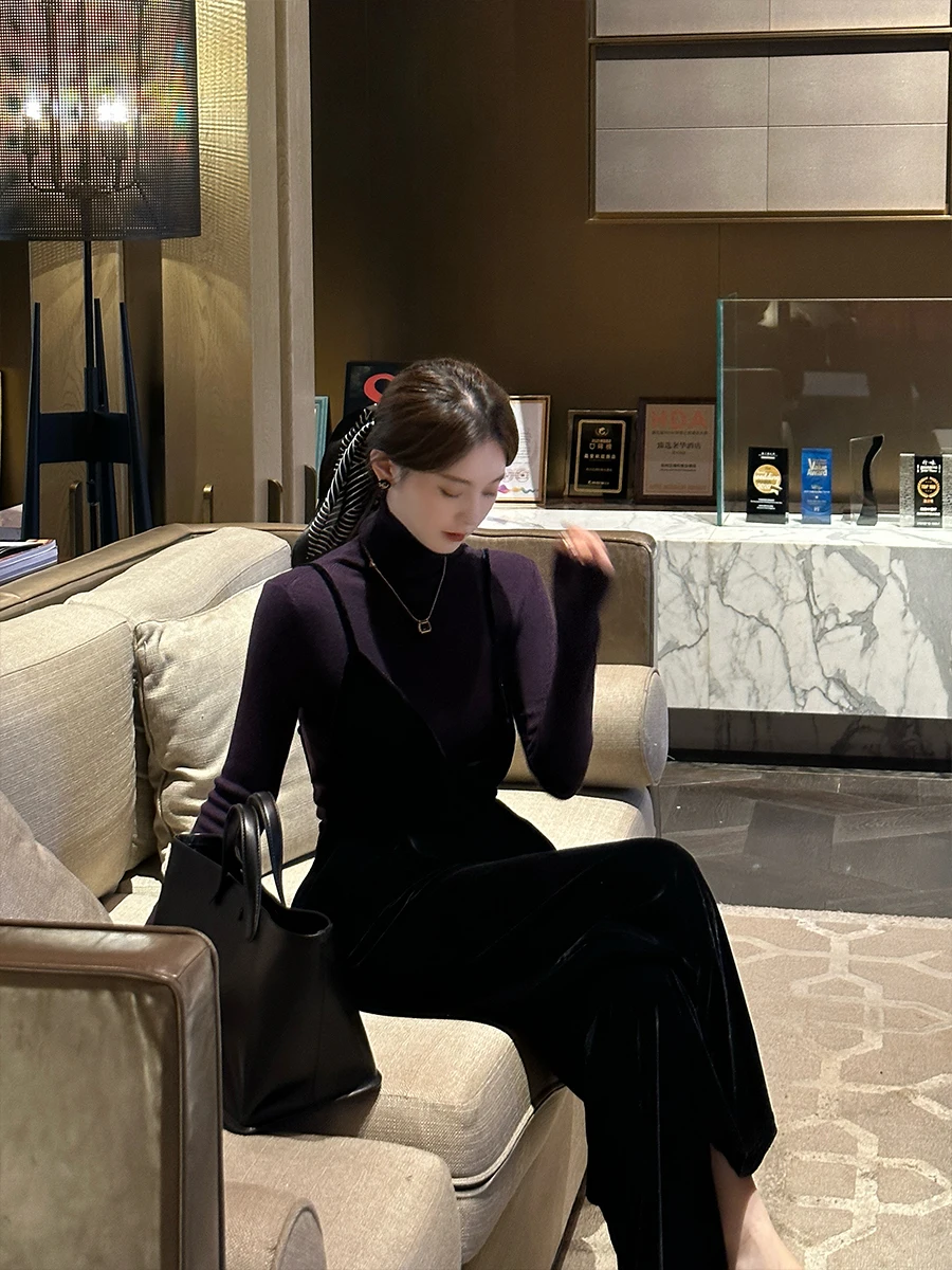 

LZY Faion Slimming V-Ne Long Svel Pure Color Versatile One-Piece Suit Women's Premium Quali Polyester Fabric