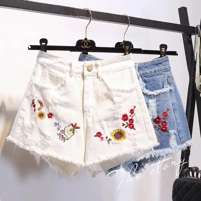 High Waisted Micro Shorts Womens Plus Size 4XL 5XL Summer Jeans White Short Woman Kawaii Denim Hole Shorts Embroidery Hotpants