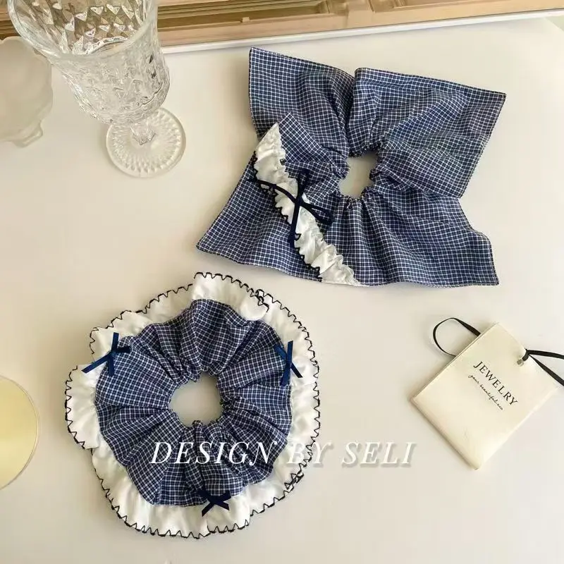 

Chool Blue Plaid Lace New Scrunchy Bow Blue Unique Hair Ring Hair Tie Ponytail Elastic Band for Women Sturdy