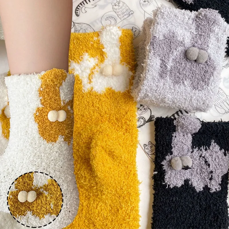 

2pairs Warm Cat Socks Thick Coral Fleece Plush Floor Socks All Day Comfort Non-Slip Soft Slipper Socks for Winter